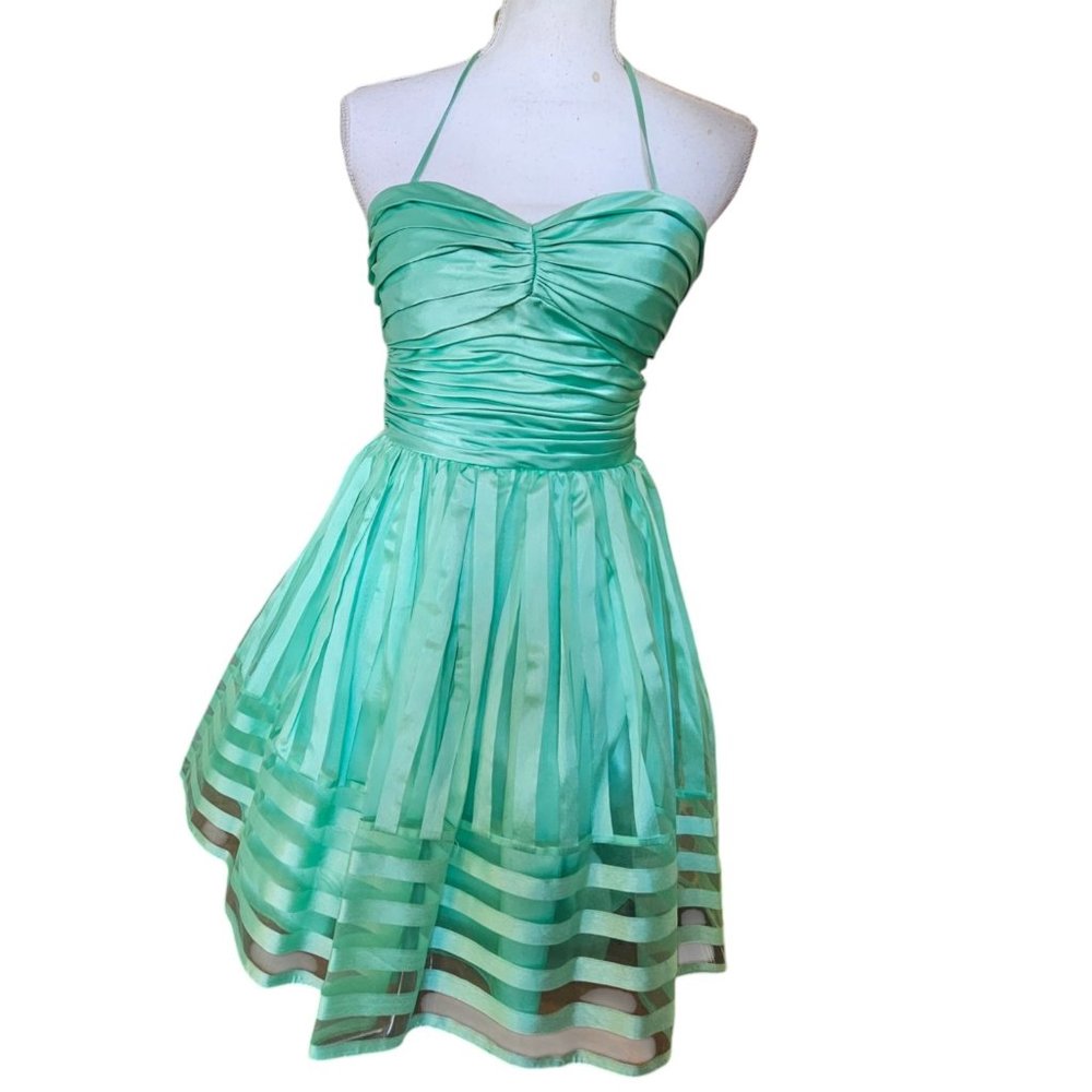 Y2K Mint Green Party Dress Halter Satin‎ Ruched Mini Sz 2 4 Prom Graduation